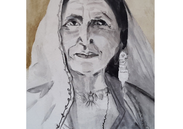 Portret van een vrouw uit Kutch, India, gemaakt door Zus van Zand